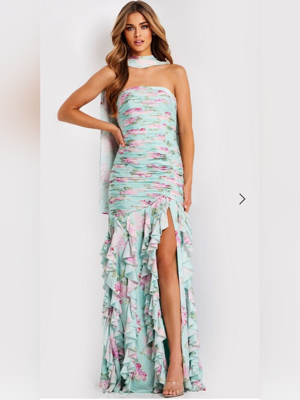 Jovani Floral Strapless Ruffle Dress with Scarf Size 10 #47580